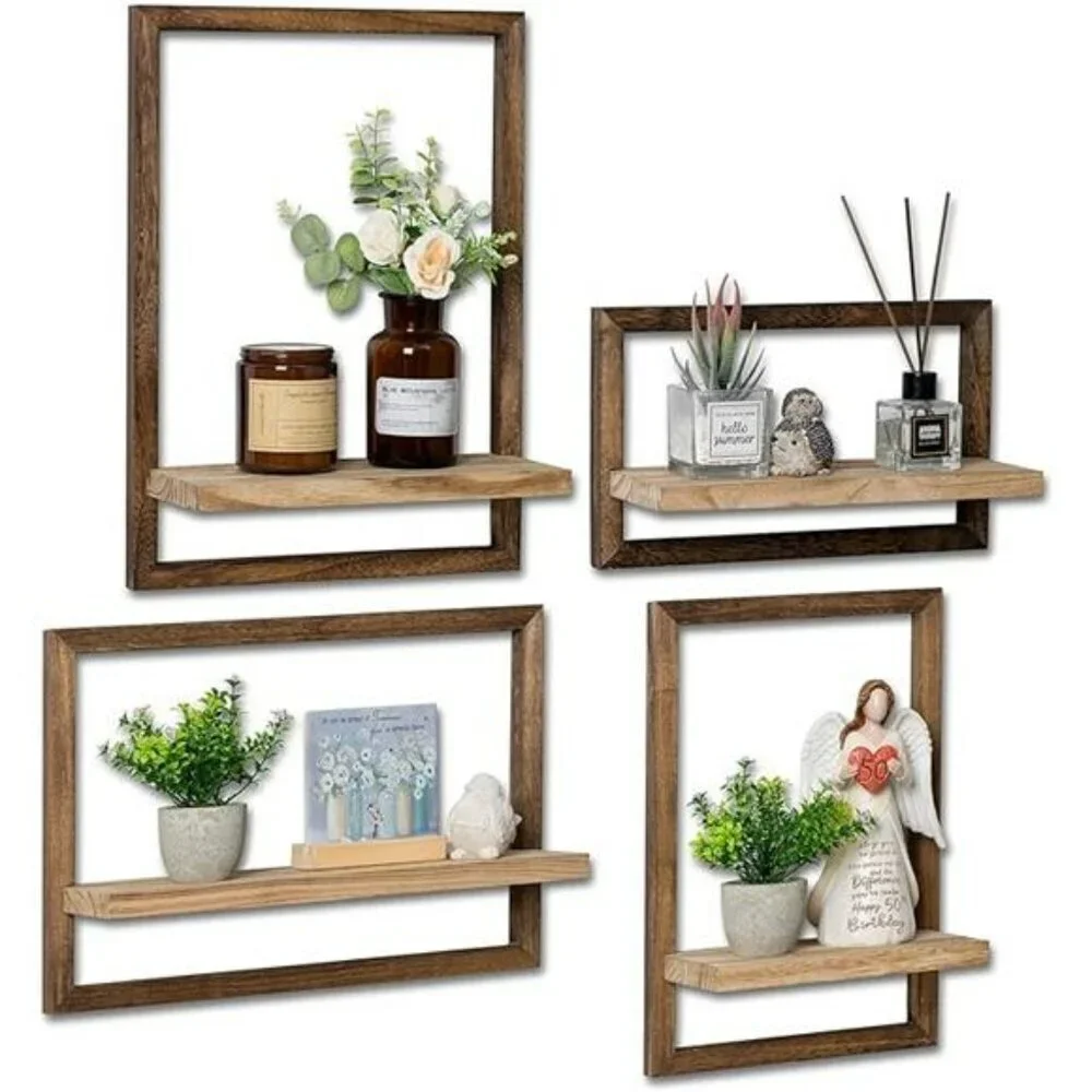 Rustic Wood Floating Wall Shelves Farmhouse Decor Storage Set for Bedroom